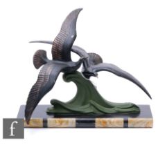 Unknown - A French Art Deco spelter figure group depicting two seagulls in flight over a cresting
