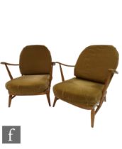 Lucian Ercolani for Ercol Furniture - A pair of beech framed model 203 Windsor armchairs, with loose