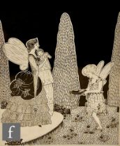 Circle of Georgina Gaskin (1866-1934) - Fairies in a Garden, pen and ink drawing, framed, 23cm x