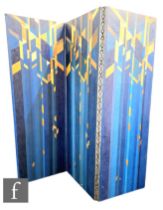 Unknown - A mid century three-fold dressing screen, stencilled in blue and gold acrylic with