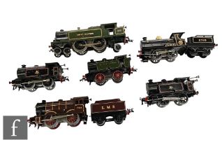 A collection of six O gauge Hornby locomotives, 0-4-0 LMS maroon 2700, 4-4-2T GWR green 2221 etc. (