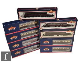 Nine OO gauge Bachmann passenger coaches, BR and GWR, including Mk1 Suburban, Collett etc, to