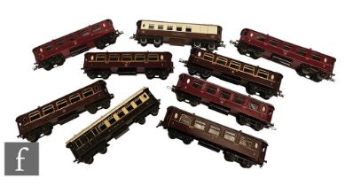 Nine O gauge Hornby passenger coaches, some repainted. (9)