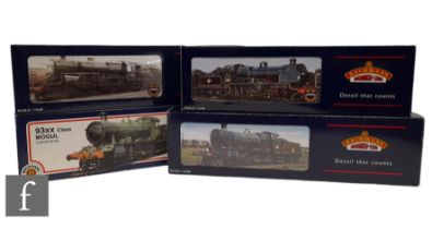 Four OO gauge Bachmann BR locomotives, 32-176 2-6-0 black Crab 42765, 31-803 2-6-0 green 93XX