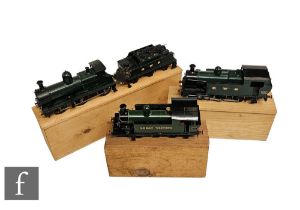 Three O gauge scratch built locomotives, 0-6-0T GWR green 704, 0-6-0T GWR green 666, and an