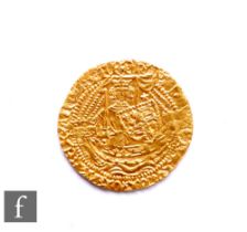 Henry V (1413-1422) - A half-Noble, King standing facing ship holding shield, reverse h at centre of