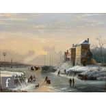 MICHAEL MATTHEWS (BORN 1933) - A Dutch winter landscape with skaters on a frozen lake, oil on board,
