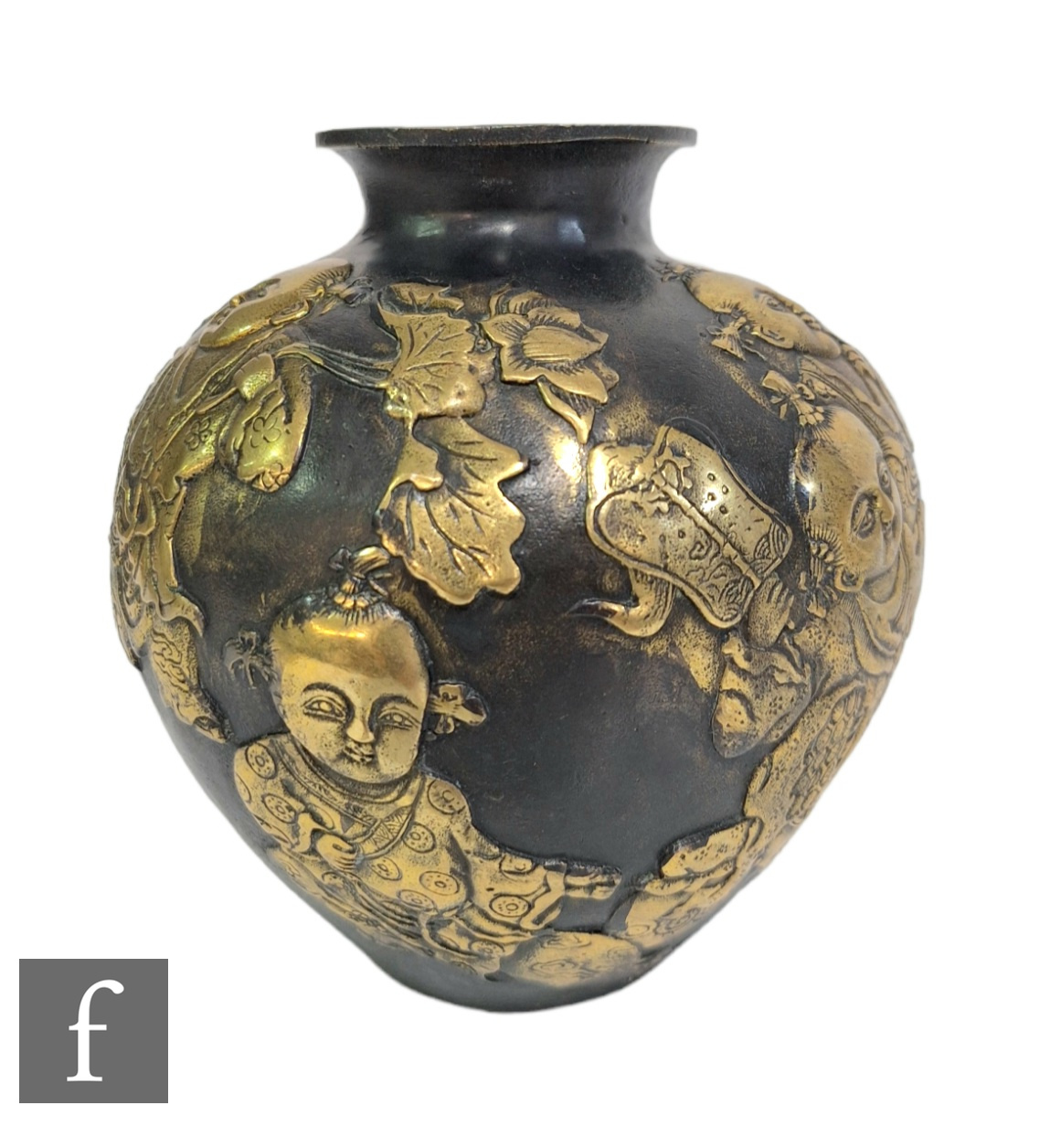 A Japanese Meiji period (1868-1912) ovoid form bronze vase, decorated with a series of relief