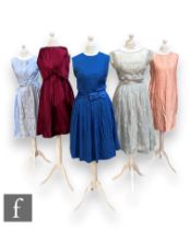 Five 1950s/60s assorted lady's vintage dresses comprising a Blanes London royal blue sleeveless midi