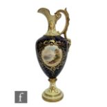 An early 20th Century Coalport porcelain ewer of slender footed ovoid form with waisted collar