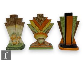 A 1930s Art Deco Myott Son & Co Odeon style vase, the stepped rectangular foot with a flared five