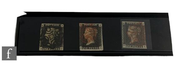 Three used 1840 1d black postage stamps to include K-J, two margins with black Maltese Cross cancel,