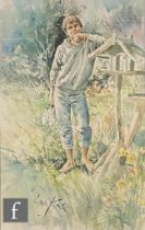 GORDON KING (1939-2022) - Portrait of a boy standing in a garden, watercolour, signed, framed,