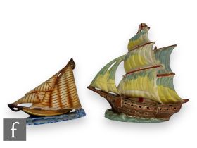 A 1930s Art Deco sailing ship flower vase by Ditmar Urbach, modelled as a galleon in full sale