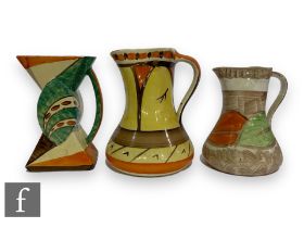 A 1930s Art Deco Myott Son & Co Bowtie jug hand painted with a stylised abstract design over the