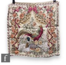 A 1990s Salvatore Ferragamo silk cushion cover, decorated in the Birds and Flowers pattern with a