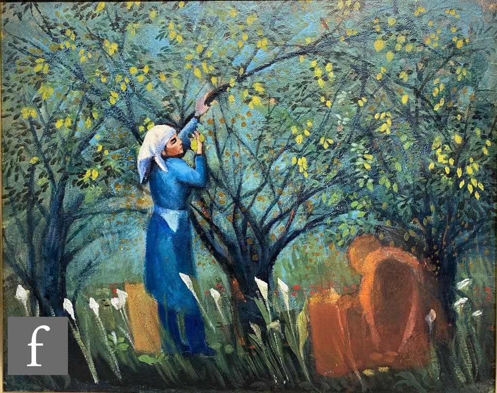 TOM KEATING (1917-1984) - 'Constanza Blanelli in her orchard', oil on board, extensively inscribed