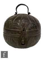 A Chinese cast metal lidded 'Pumpkin' box, surmounted by carry handle with metal work clasp,