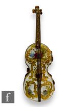 A 19th Century German porcelain trinket box by Sitzendorf in the form of a cello with applied gilt