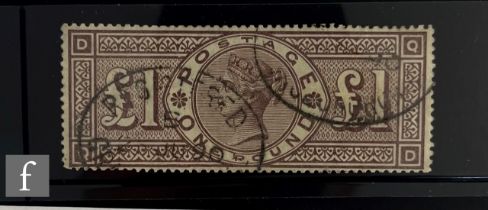 A Queen Victoria SG185 £1 brown-lilac with imperial crown watermark and with indistinct double