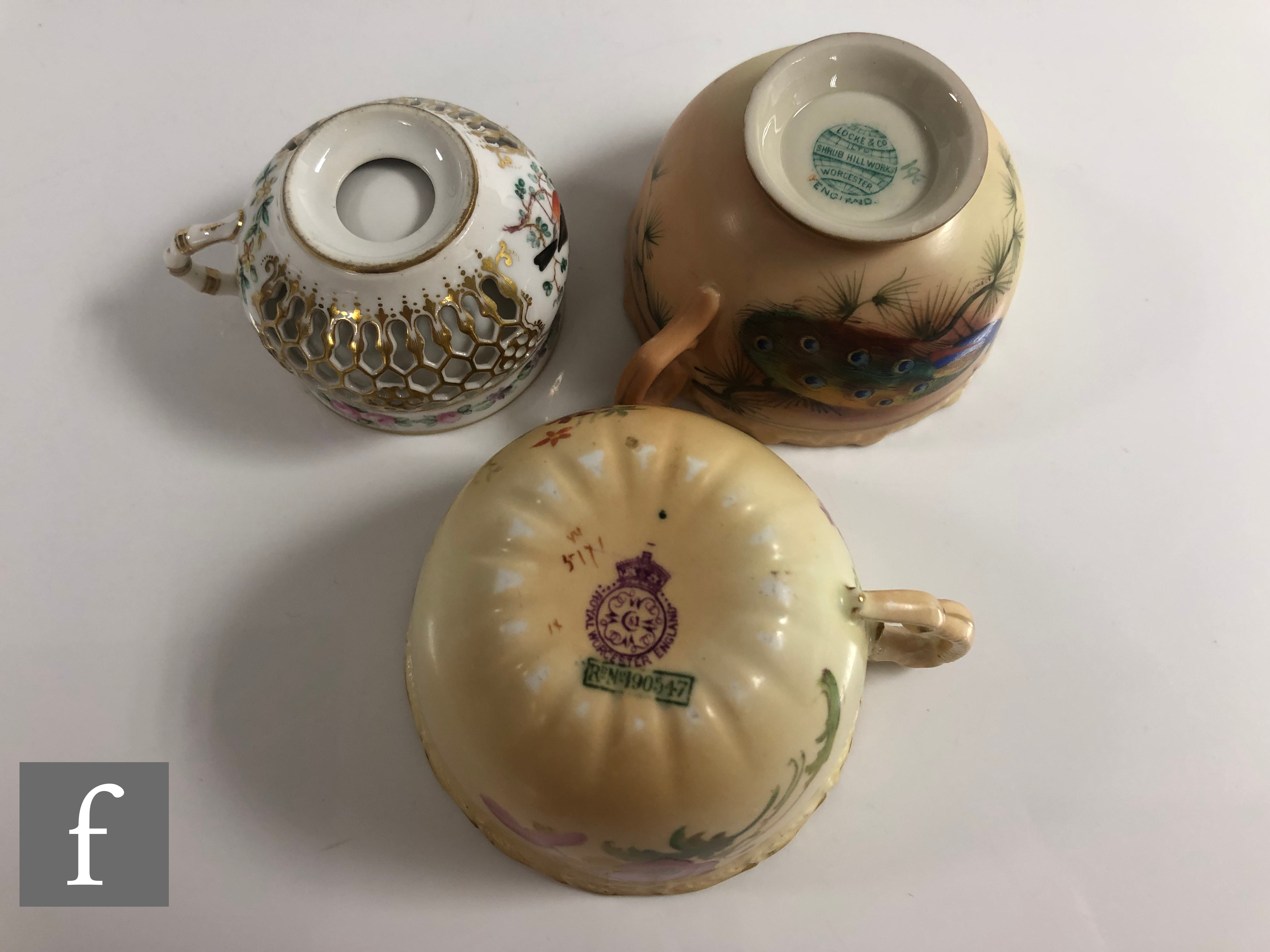 A miniature Worcester reticulated cabinet cup and saucer, the double walled cup with reticulated - Image 3 of 5