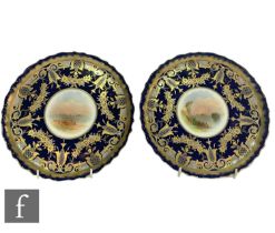 A pair of 19th Century Bishop & Stonier cabinet plates, each hand enamelled with a central scenic