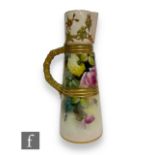 An early 20th Century Royal Worcester jug, shape 1047, the tapered sleeve form with two gilded bands