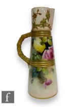 An early 20th Century Royal Worcester jug, shape 1047, the tapered sleeve form with two gilded bands