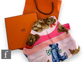 A Hermes Muffler Carre 90 Confidents des Coeurs/Friend of the Heart Bear silk scarf, designed by