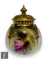 A late 19th Century Royal Worcester Hadley shape 175 Pomander and cover of quatrelobed form with a