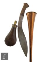 A 20th Century copper hunting horn, length 98cm, a Kukri 33cm blade, no scabbard and a leather