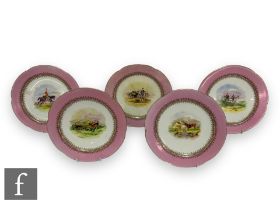 A set of five 19th Century Worcester dessert plates, each decorated to the central well with various