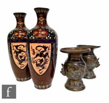 A collection of Japanese vases, to include a pair of cloisonne aventurine phoenix vases, height 23cm