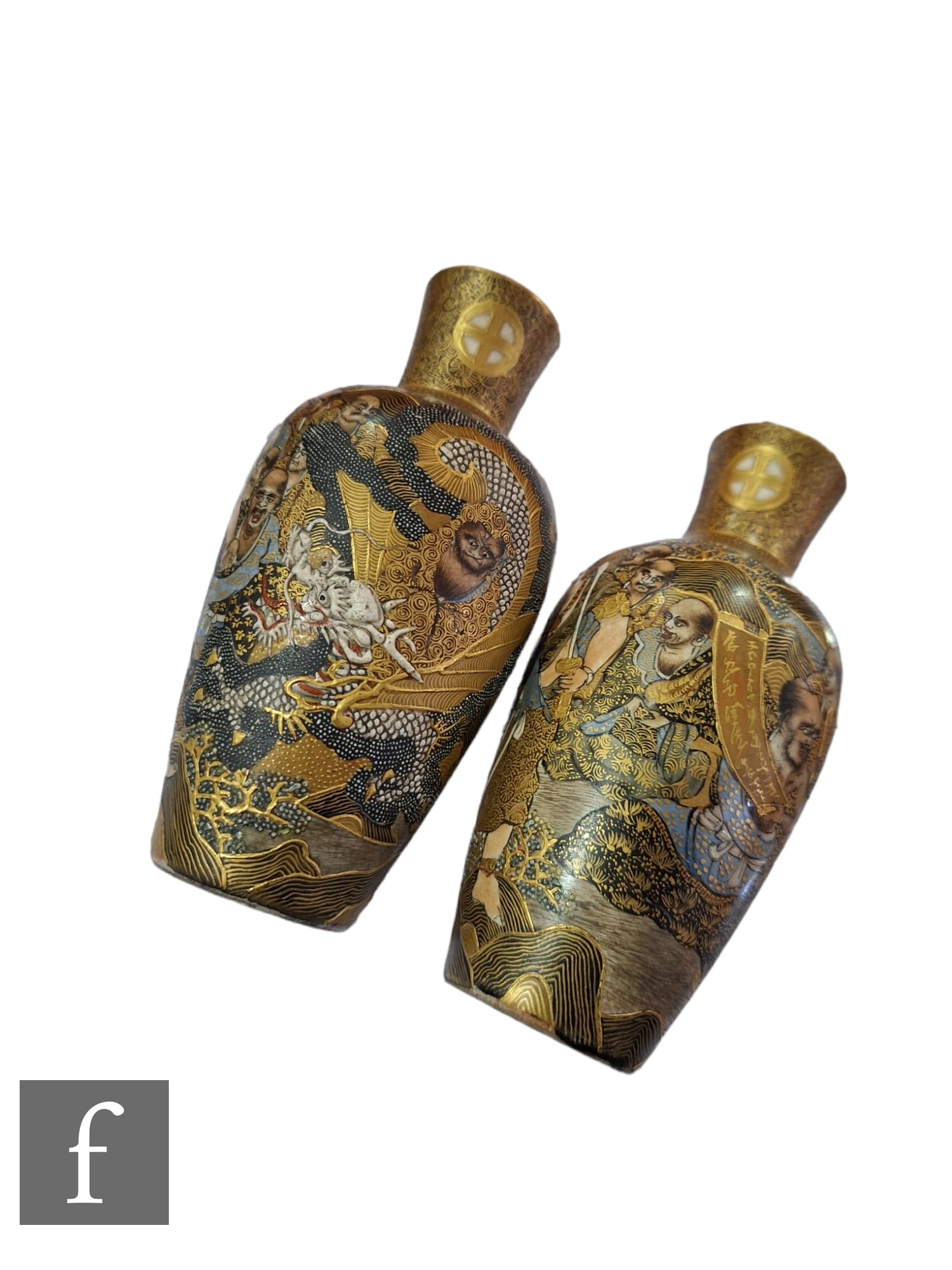 A pair of Japanese Satsuma (Meiji Period) Arhat vases, each of slender ovoid form decorated with - Image 2 of 5