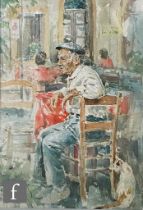 GORDON KING (1939-2022) - Man sitting at a cafe table, watercolour, signed, framed, 36cm x 24cm,