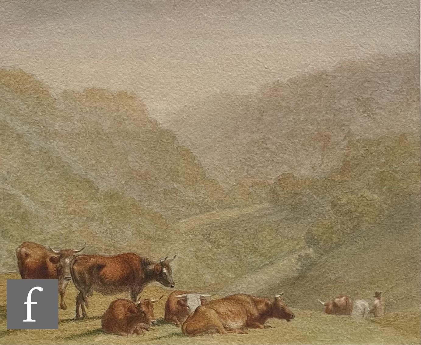 ROBERT HILLS, OWS (1769-1844) - Cattle on a hillside, watercolour, signed indistinctly, framed, 16cm