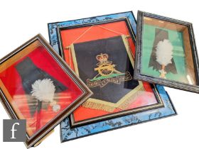 Two Royal Welsh Fusiliers plumes and a Royal Artillery pennant with canon and coronet 'Ubique Quofas