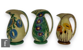 A group of three 1930s Art Deco Myott Son & Co flower jugs, each of footed ovoid form with everted