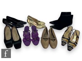 Seven pairs of Salvatore Ferragamo ladies shoes, to include purple leather open toe sling back