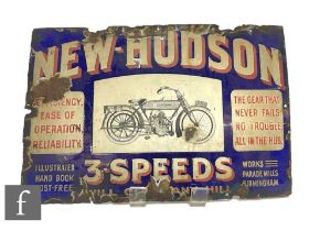 An early 20th Century single sided enamel advertising sign for 'New-Hudson 3-Speeds' motorcycles,