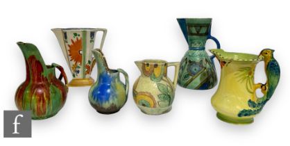 A collection of 1930s Art Deco flower jugs to include a Burleigh Ware Parrot jug, Wadeheath