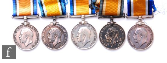 Five World War One British War Medals to 7163 Pte H.W. West East Surry Reg, 34974 Pte H. Ridgway