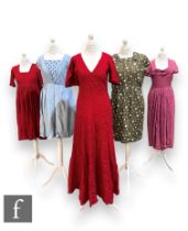 Five 1950s/60s lady's vintage dresses, comprising a short flared sleeve maxi dress with v neck