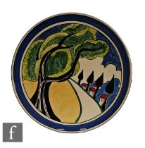 A Wedgwood Clarice Cliff hand painted charger decorated in the May Avenue pattern,