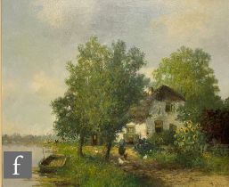 HERMAN VEGER (LATE 19TH CENTURY) - A figure beside a riverside cottage, oil on canvas, signed,