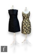 A 1950s/60s lady's vintage jacquard mini dress with gold lame stylised rose motifs over a black