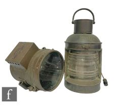 An early 20th Century copper ship's stern lantern, together with a copper cased spot lamp badged