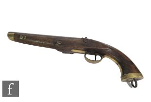 A 19th Century flintlock holster pistol, brass trigger guard and butt, 23cm barrel, damaged.