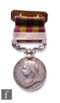 An India Medal with Punjab Frontier 1897-98 bar, to 4182 Pte W. Gould 1st bat Somerset Light