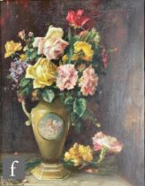 WILLIAM JOSEPH CARROLL (1842-1917) - Roses and carnations in a decorative jug, oil on canvas,